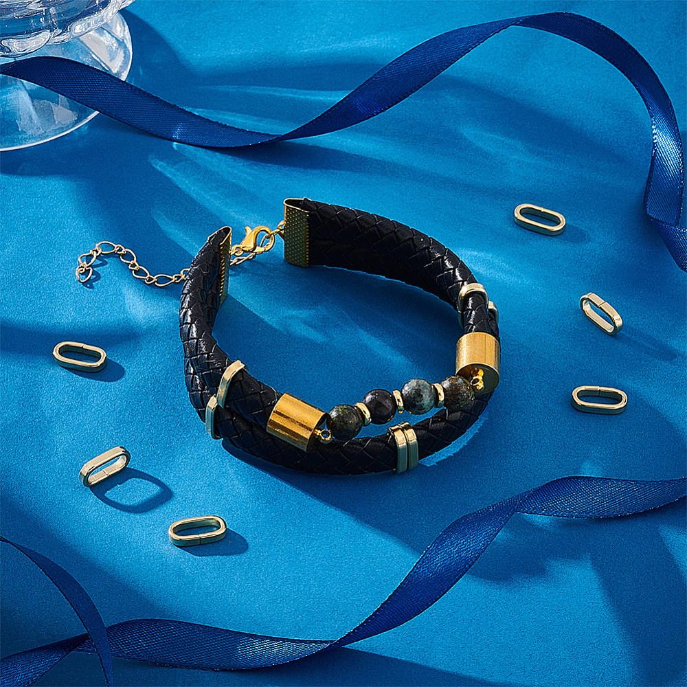 1box 50pcs 304 Stainless Steel Slide /Slider Beads For Leather Cord Bracelets Making Oval Golden 13x7x2.5mm Hole: 10.5x4.5mm