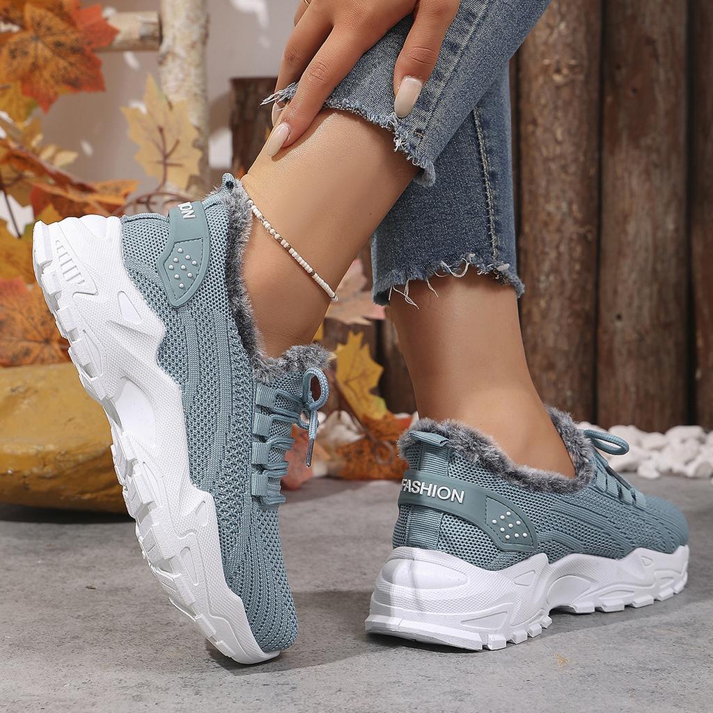 Knit Fabric Lined Sneakers with Thick Sole and Plush Interior for Enhanced Comfort and Support Suitable for Casual and Outdoor Use