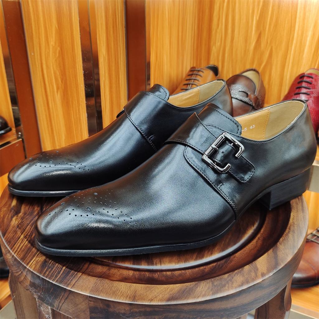 Elegant Black Men's Loafers Dress Formal Suit Shoes Breathable Leather Handmade Monk Style No Slip Adult Footwear