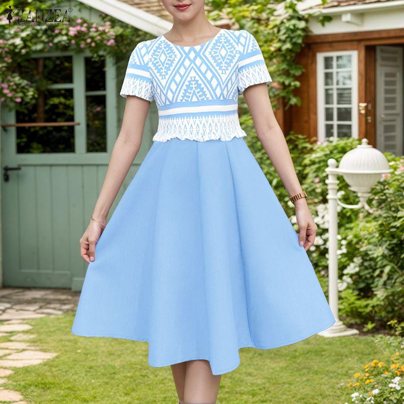 ZANZEA Women Summer Round Neck Casual Short Sleeve Print Dress