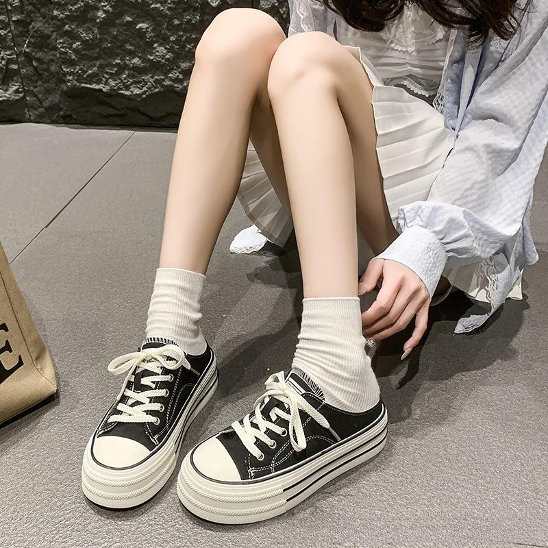 2025 Sommer Damen Canvas Plateau Dicke Sohle Slipper Erhöht Weiß Indoor Outdoor Freizeit Pantoletten Stilvolles Trendiges Design