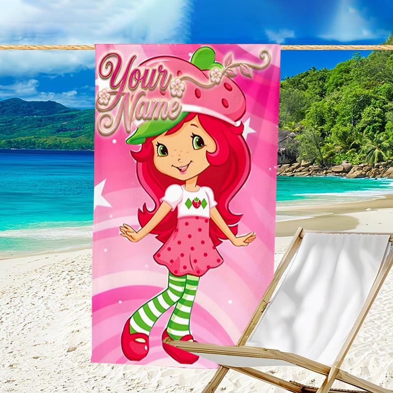 1pc Princess Strawberry Beach Towel with Custom Name, Beach and Seaside Swimming Pool Equipment, Fashion Pattern, Rectangular, Travel Essential
