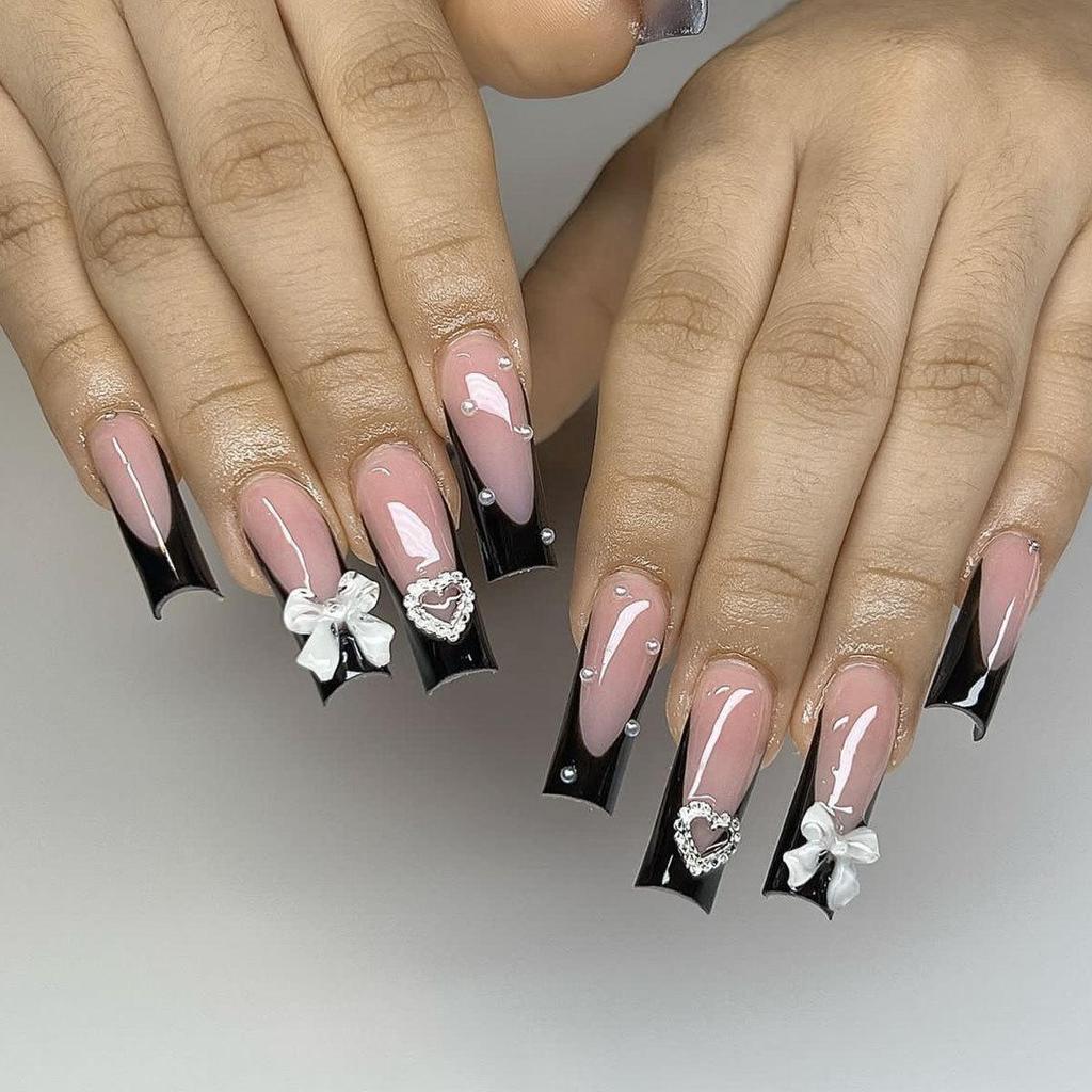 Black French Bow Pearl Heart Detachable Wearable Nail Patches