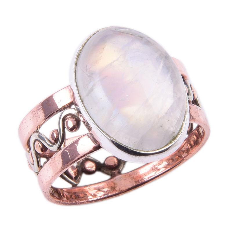 Natural Rainbow Moonstone Gemstone 925 Sterling Silver Two Tone Ring S.8.5 Z1Y03