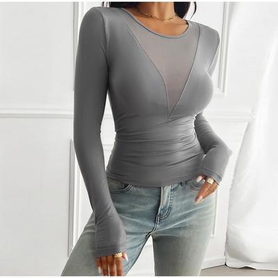 Women's Summer Long Sleeves Pure Color Skinny Tops Mesh Patchwork See Through Female Fashion Sexy T-Shirt