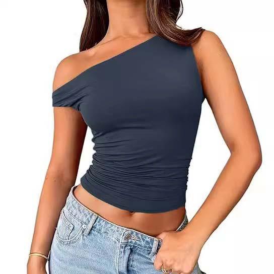 Slant Neck Top, Sexy Babes Slanted Shoulders, Solid Color Vest, Summer Women's Off-the-shoulder Pullover, Off-the-navel Women's Clothing