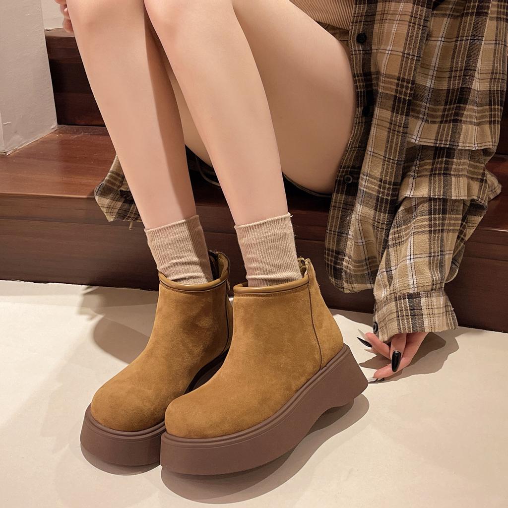 Frosted Real Soft Leather Big Head Thick-soled Muffin Martin Boots Women's 2025 Autumn and Winter Velvet Chimney Chelsea Short Boots Tide