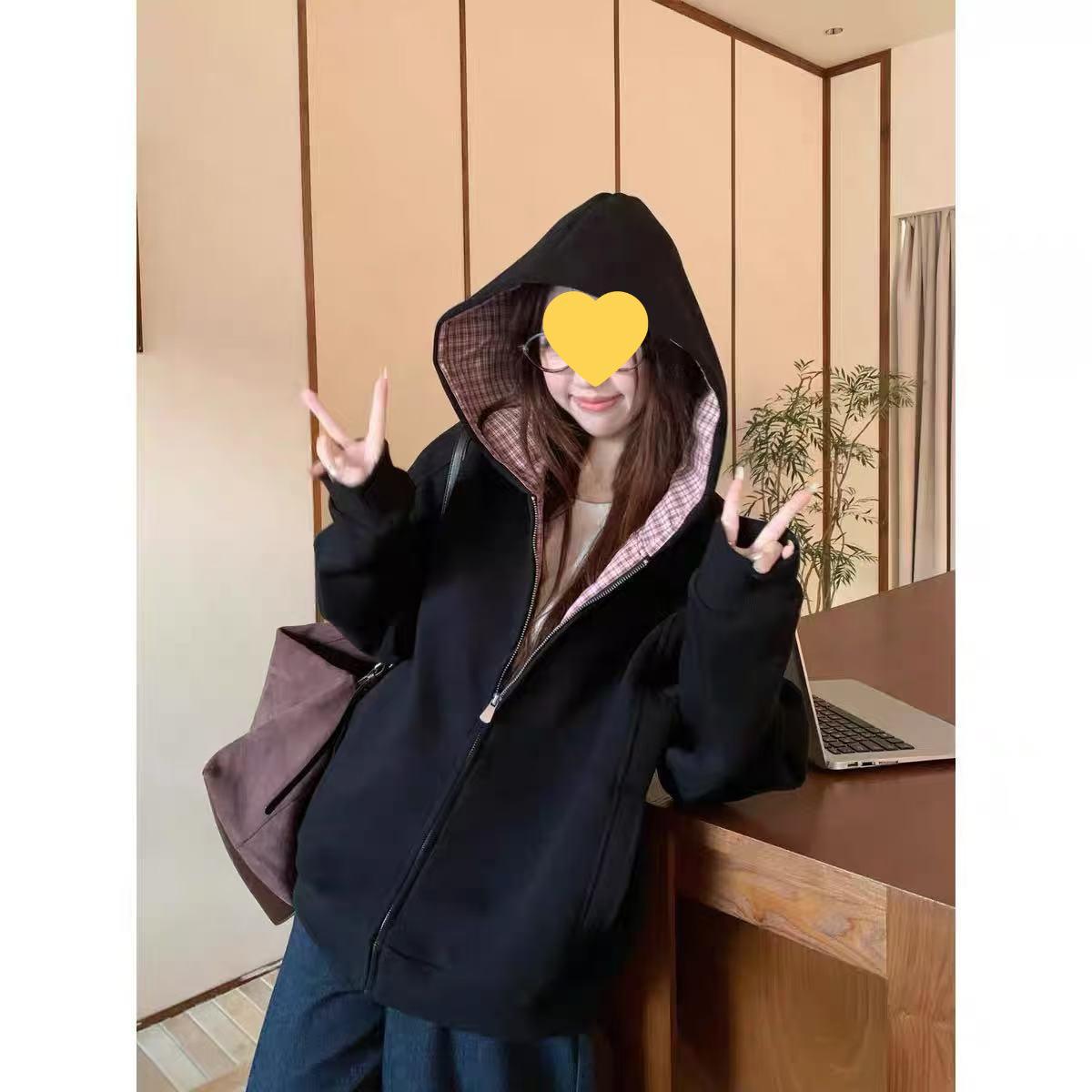 Women s Cool Plaid Patchwork Hooded Sweatshirt – Loose, Versatile Cardigan for Spring & Autumn Medium чёрный