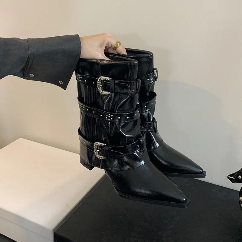 Black Rivet Pant Boots Women's Pointed Toe Niche Design Thick Heel Sleeve Knight Boots Women's Retro Style Rubber Outsole