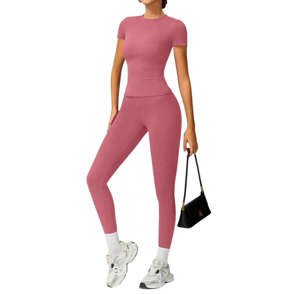 Women's Casual  Color Yoga Suit Short-Sleeve Pants Set