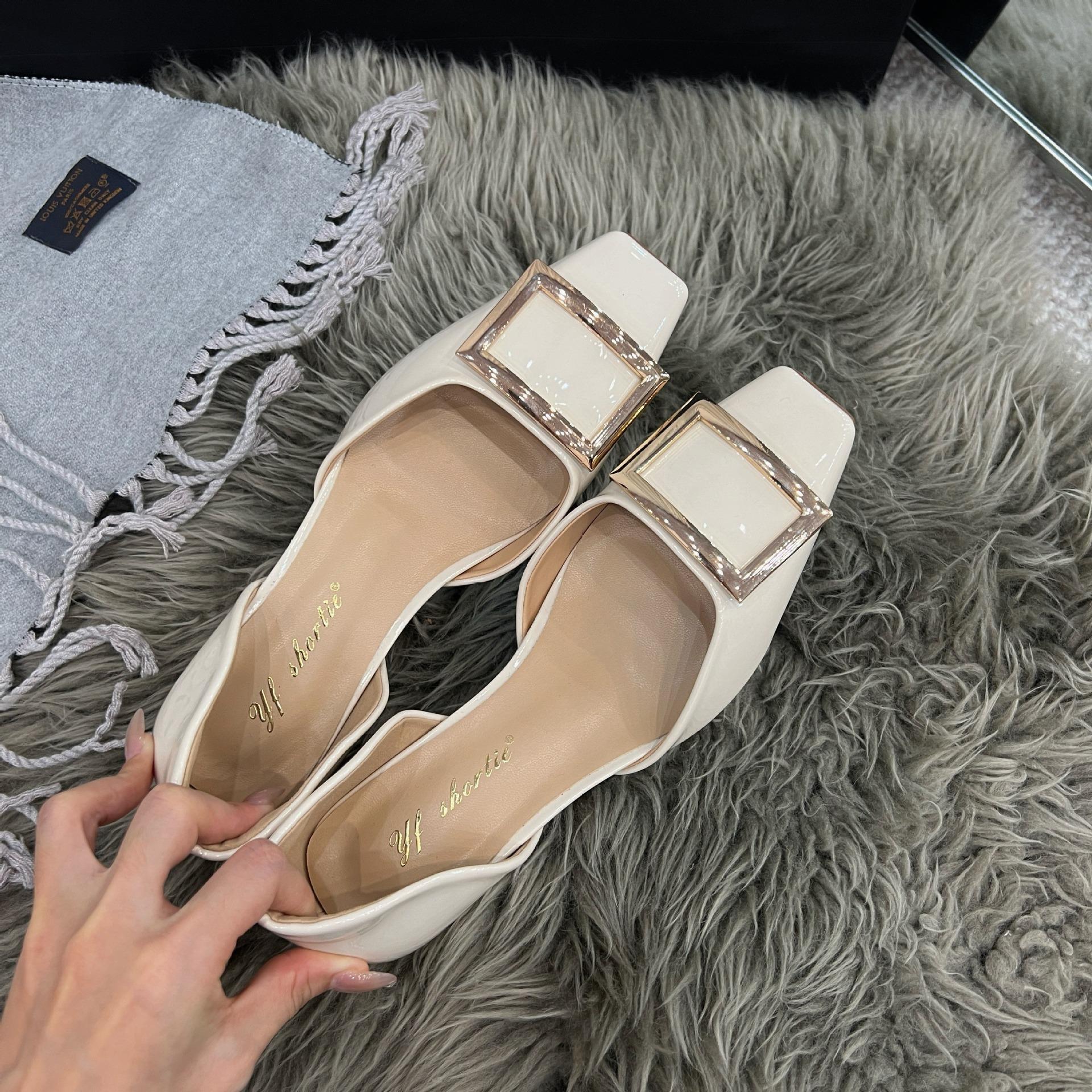 

Sheepskin shallow mouth single shoes women s summer leather metal square buckle French temperament hollow sandals women s square head flats 34