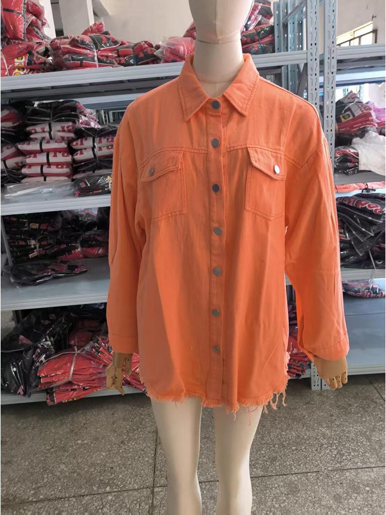 Women's Frayed Hem Denim Shirt Jacket - European & American Street Style for Autumn/Winter.