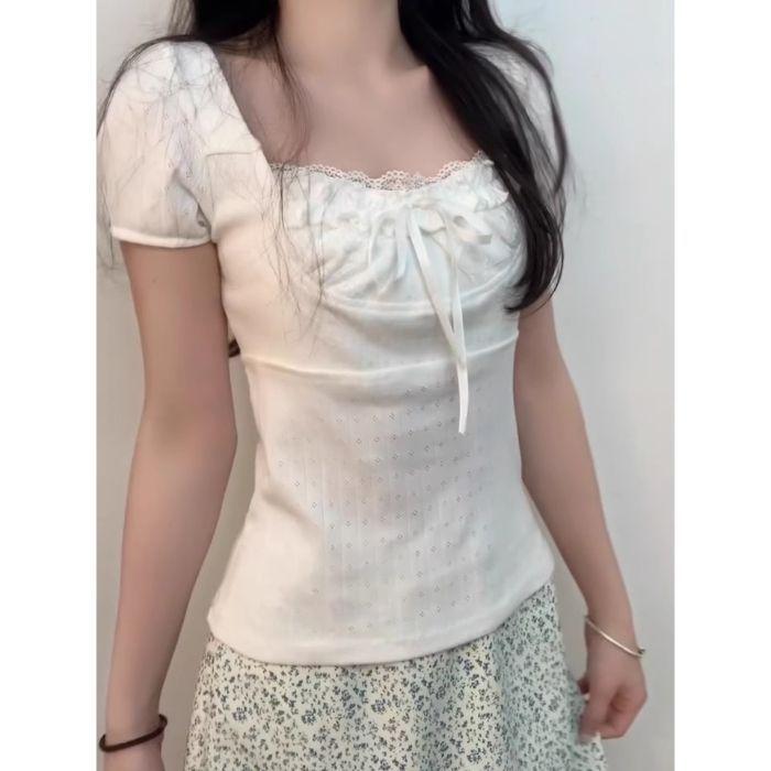 New summer sweet versatile lace edge age reduction temperament pure desire style t-shirt bow versatile top women