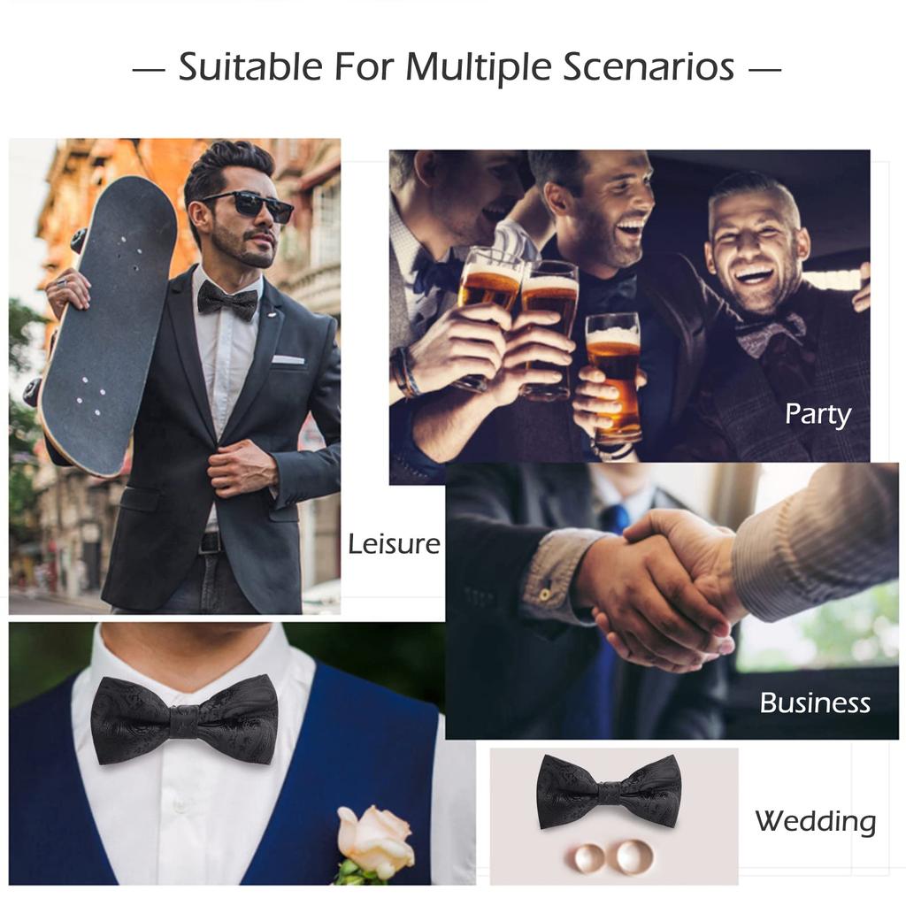 [Apictseoo] Bow Tie for Men, Solid Black Silk, Double Layered, One-Touch, Stylish, Single, Glossy, Hook Closure, Easy To Put On and Take Off,
