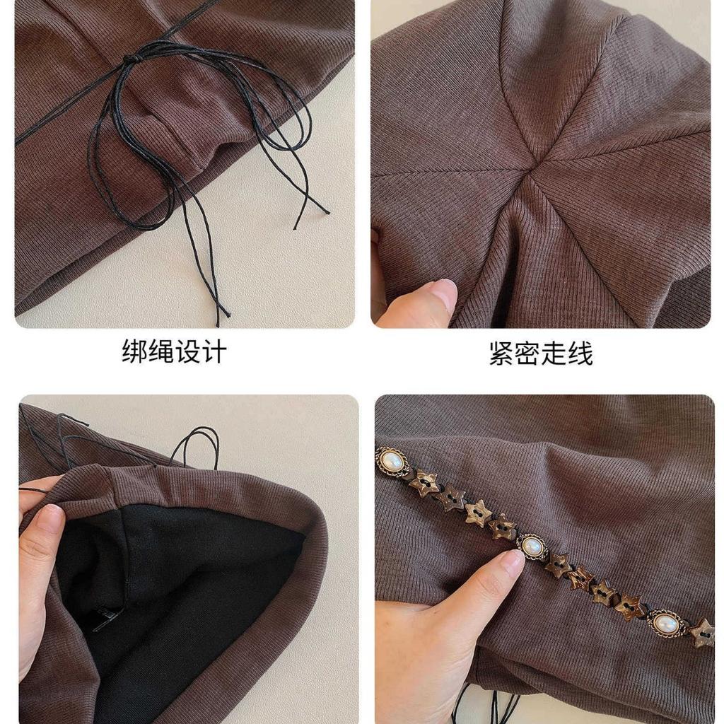 Autumn and winter vintage five-pointed star tassel beanie for women, large head circumference, face-slimming slouchy hat, Japanese style versatile