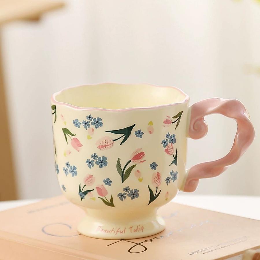 High Value Pastoral Flower Mug Tall Water Cup Girls Office Coffee Cup Personalized Internet Celebrity Ceramic Cup