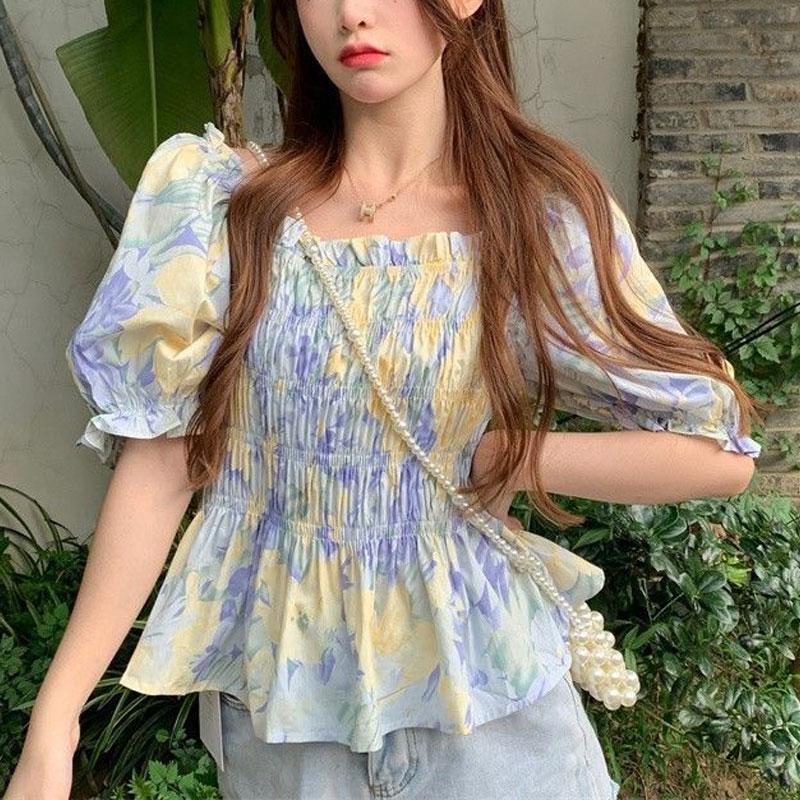 Broken Blouse French Style Puff Sleeve Summer New Sweet Slash Neck Stylish Shirring Slim Vintage Shirts