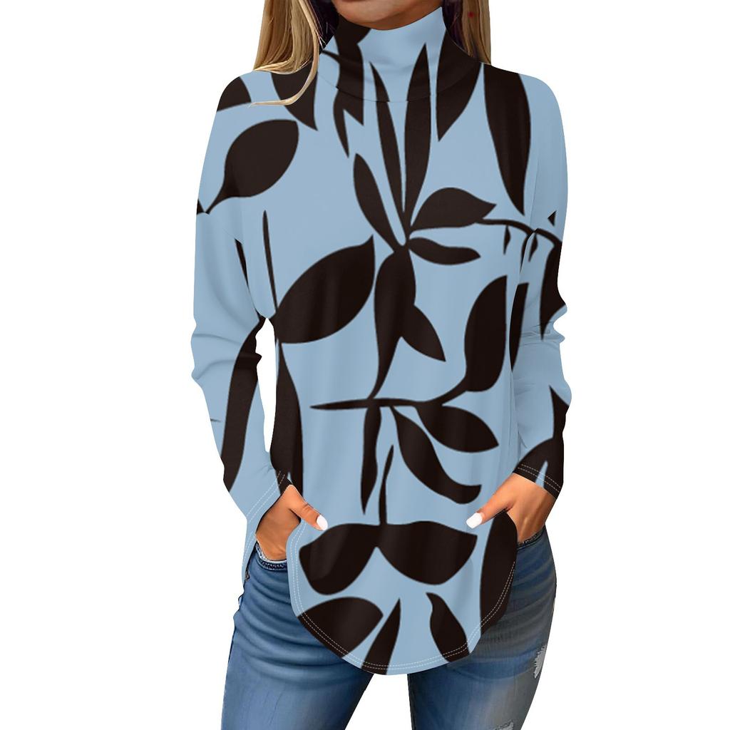 Women's Fashionable Casual High Neck Printed Long Sleeve T-Shirt Pullover Top