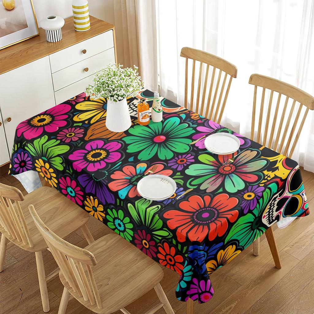 New Dining Table Cloth Tablecloth Waterproof Skull Flower Rectangular High-end Decorative Tablecloth Beach
