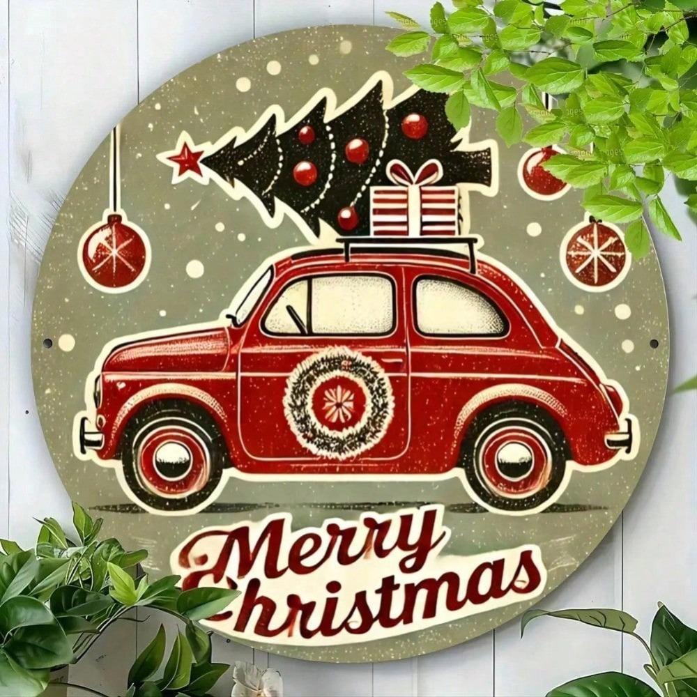 Vintage Christmas Car Tree Round Metal Sign 87x87 inch Festive Red Car Gift Merry Christmas Script Home Office Holiday Decoration