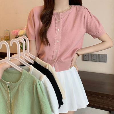 Suéter de Tricô Gola Redonda de Botão Único Manga Curta para Mulheres no Verão Versão Coreana Slim Fit Cardigan Top Camiseta Chic de Nicho Feminino