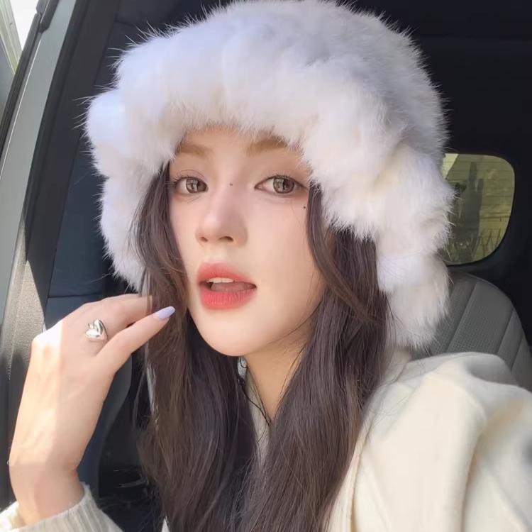 Real Rabbit Fur Hat Women's Winter Warm Double-sided Woven Thickened Ruffle Edge Bucket Hat Temperament Top Hat Basin Hat