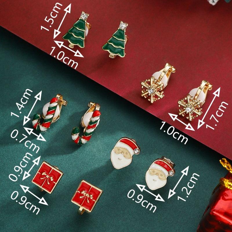 5 Pairs/Set Christmas Ear Clip Earrings For Women Zircon Xmas Tree Santa Claus Snowflake Ear Bone Clip Earring Party Jewelry