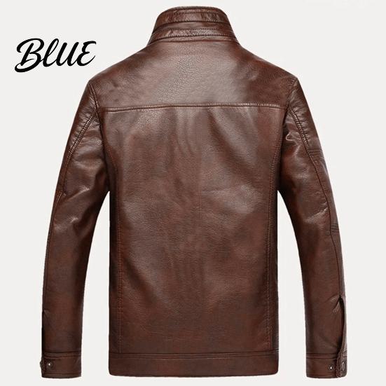 Men Long Sleeve Short Jacket Fleece Lined Faux Leather Stand Collar Zip Warm