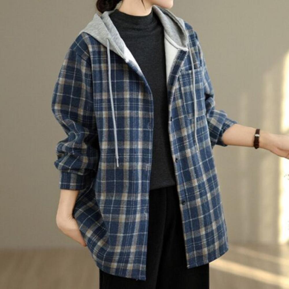 Navava Casual Warm Check Fleece Lined Long Sleeve Hoodie Shirt Nb2993
