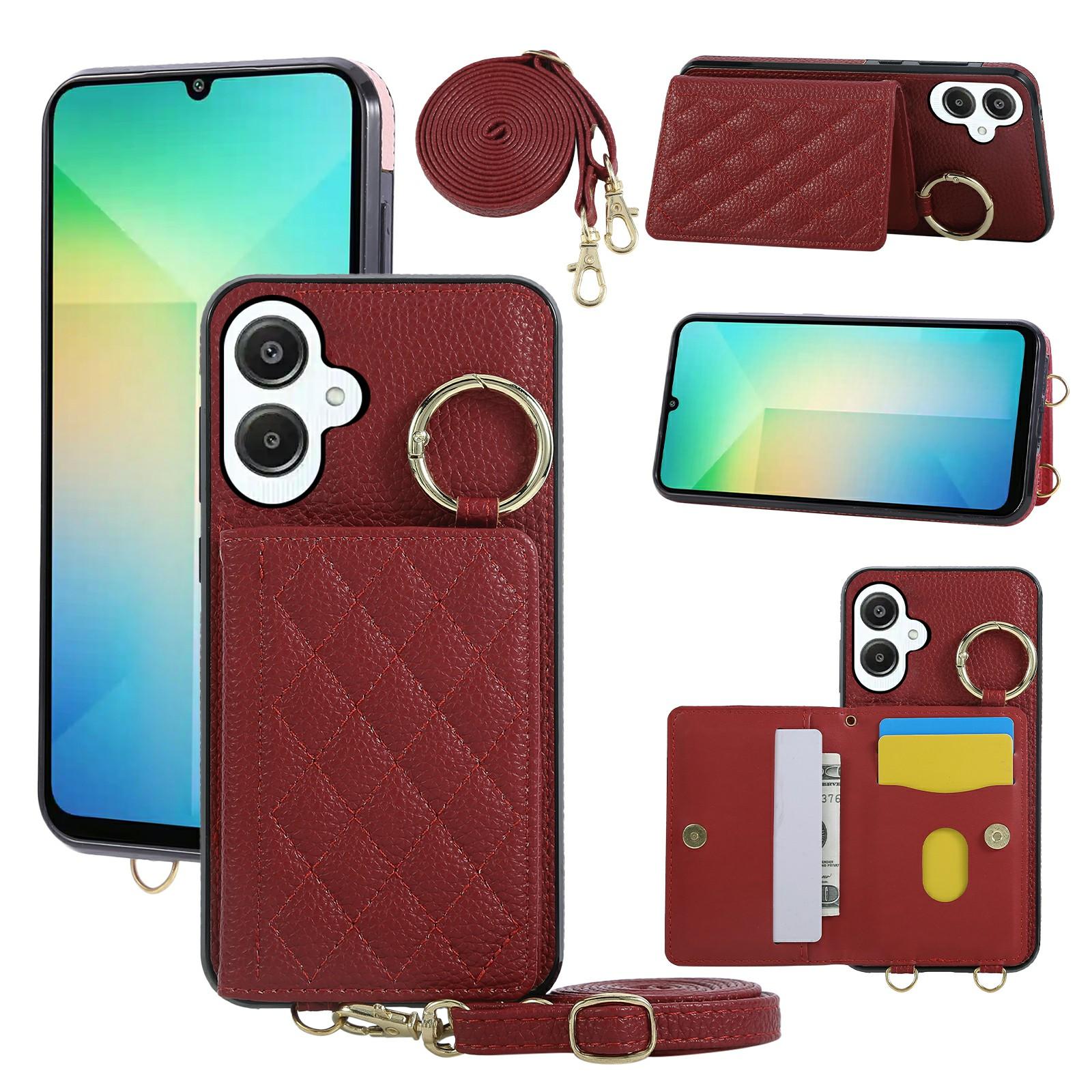 

Для Samsung Galaxy A06 4G/5G/A07 4G Чехол Подставка Ромб Кожа+ТПУ Чехол для телефона с плечевым ремнем Red