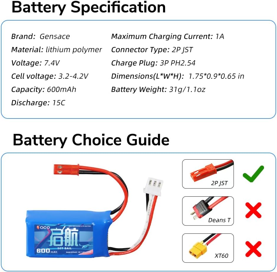7.4V 600mAh 15C 2S LiPo Battery with 2-Pin JST Connector – Compatible with RC A560, SU27, D460, RC4GS V3, RC6GS V3