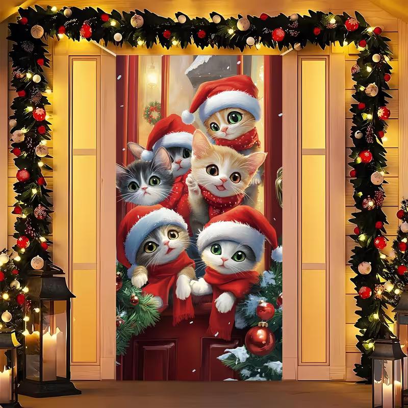 

2D Christmas Cat Door Backdrop, Cute Santa Hat Kittens Door Banner for Seasonal Decor 47.2x31.5inch/120*80cm
