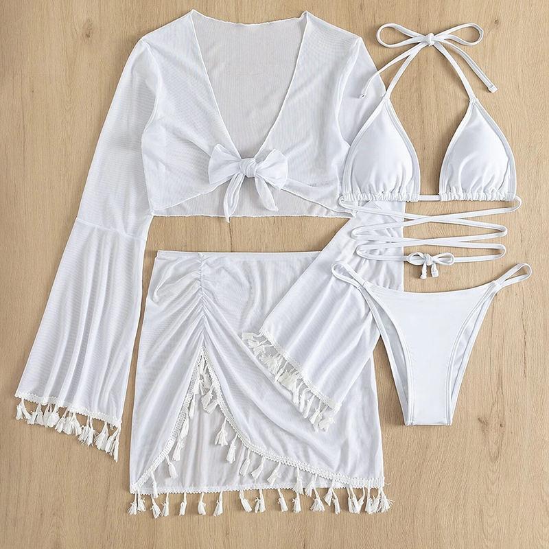 Swimsuit Women's Split Three Four Piece Set Solid Color Tassel Lace Up Long Sleeve Bikini Suits EMA
