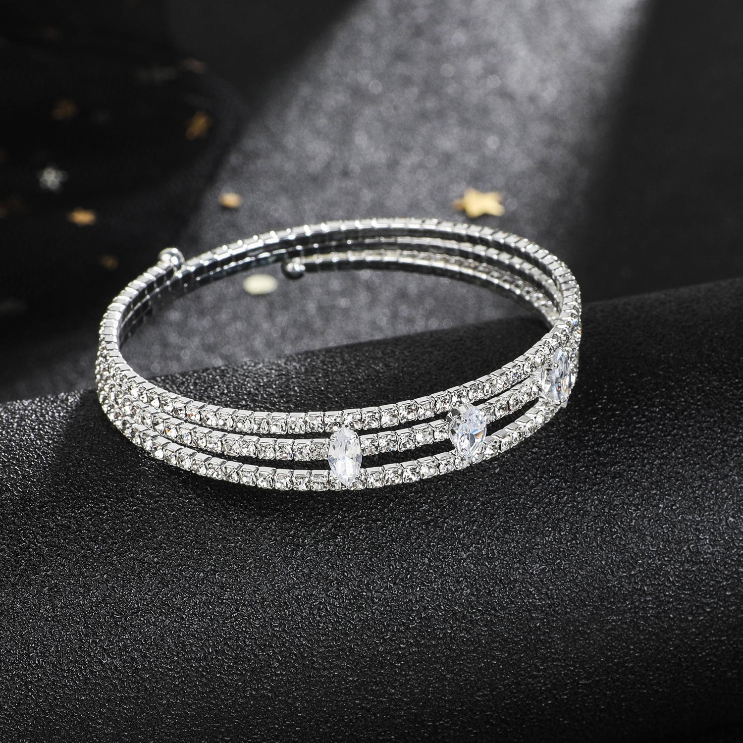 Multi-Row Luxury Full Diamond Zircon Inlaid Claw Chain Bracelet, Bride Inlaid Diamond Steel Wire Elastic Bracelet For Women