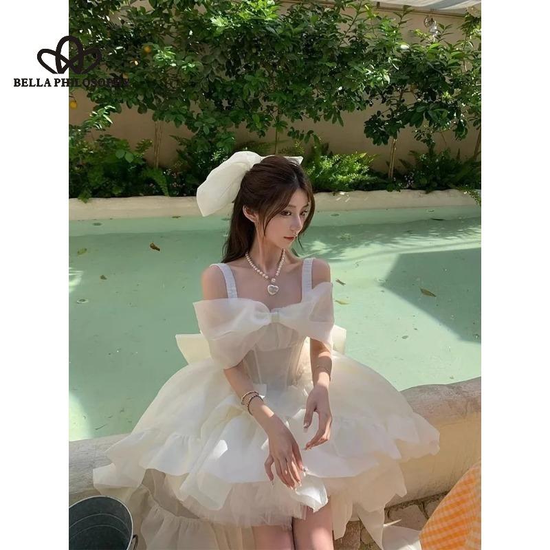 French Style Elegant Elegant Trailing Princess Dress Solid Color Strap Bow Slimming Ponte Dress Party Dress