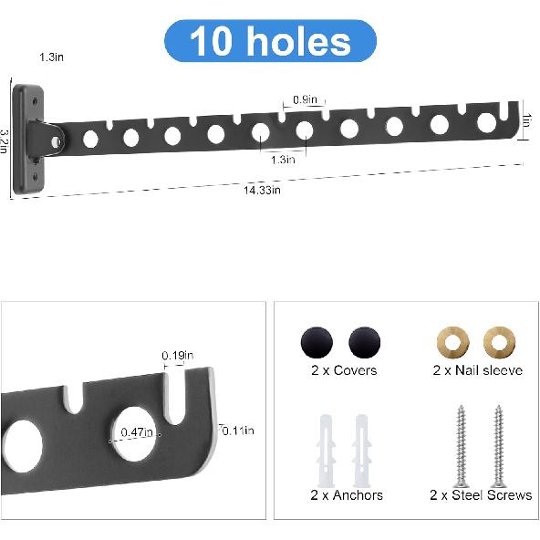 Wall Mount Coat Hanger,Folding Clothes Drying Racks,Sturdy Hanging Clothes Hanger,Laundry Room Drying Rack(10-Hole 1 Black)