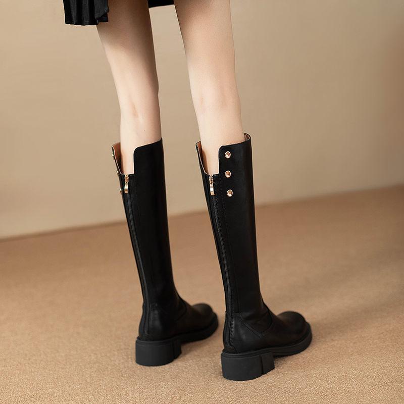 Fashion Middle Heel Leather Round Toe Long Boots for Women Autumn Winter Chic and Elegant Fashion 2025 Sale Knee High Shaft Shoes Woman