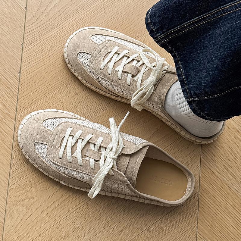 Vintage Half Shoes for Men Women Mules Suede Leather Loafers Slipper Open-back Casual Shoes Backless Slides Sandal Slip On Flats