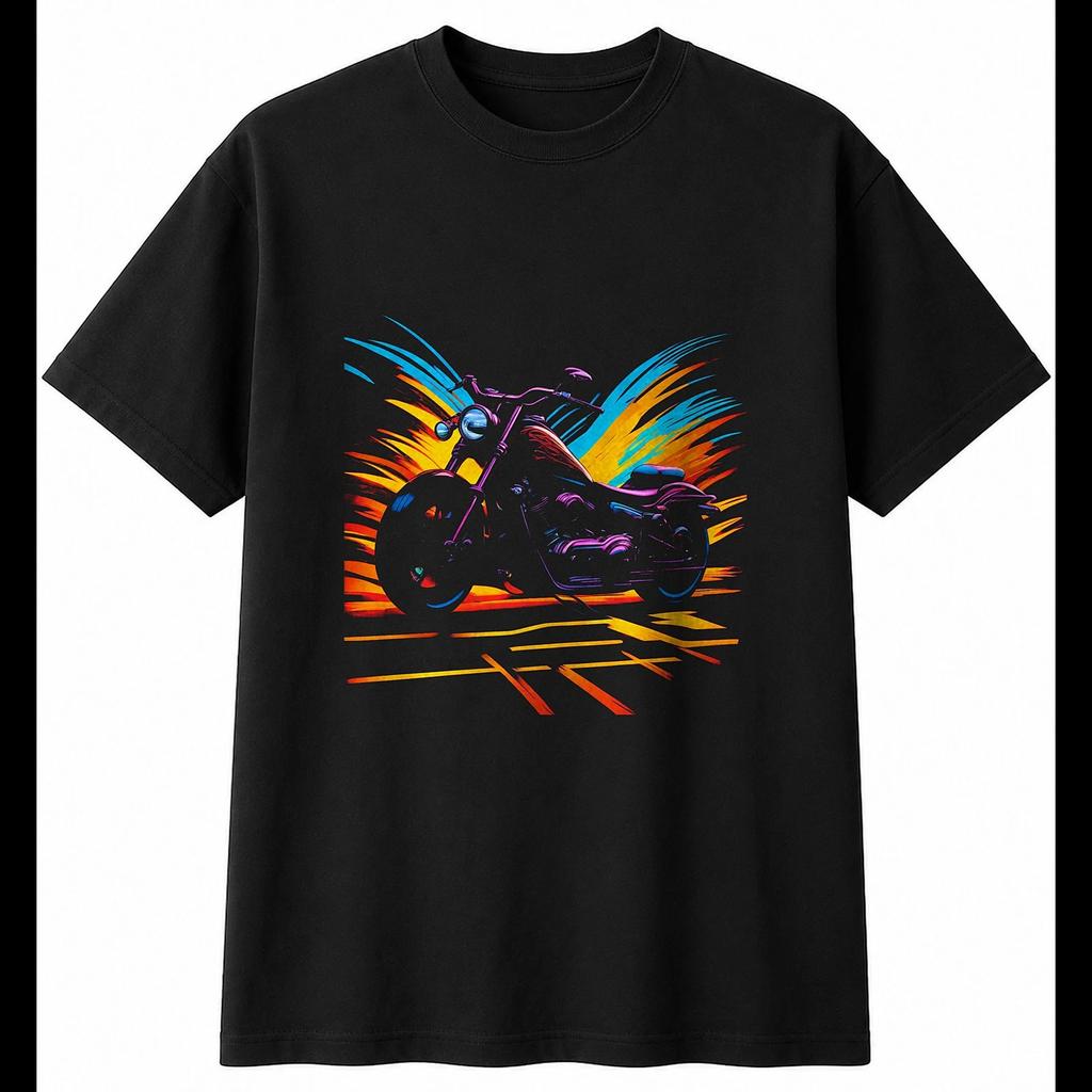 Neon Motorcycle Windswept Retro Mens T-Shirt Black 100% Cotton Classic Printed