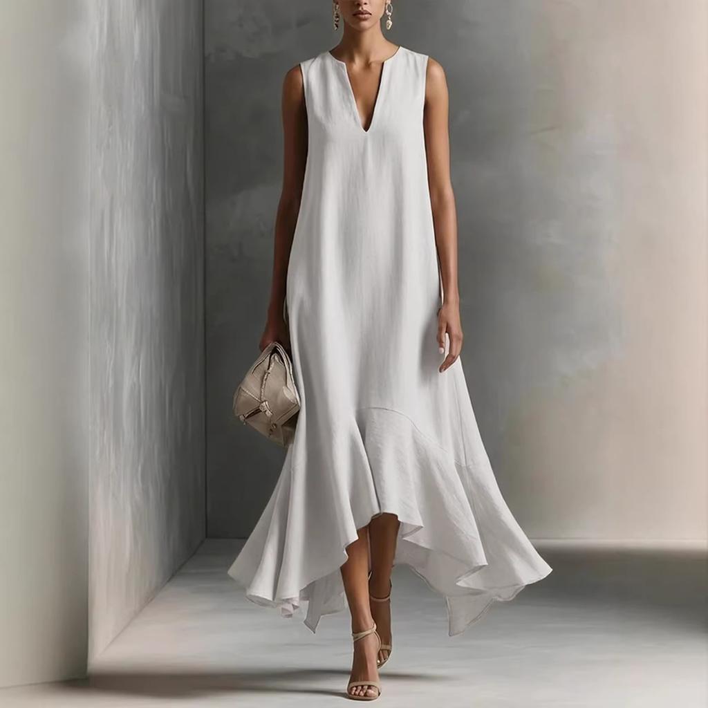 Women's V Neck Sleeveless Maxi Dress Loose Fit Casual Irregular Hem Linen Dress