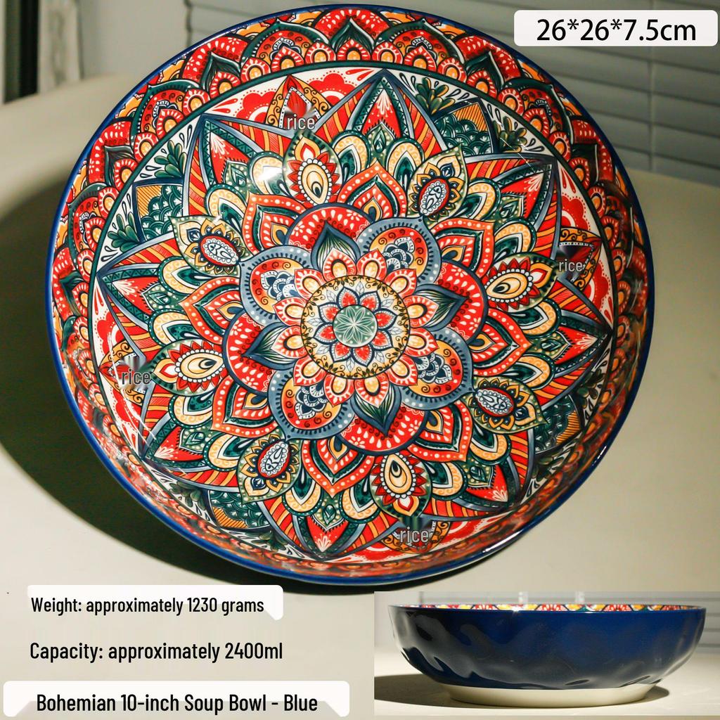 Blue Bohemian Porcelain Microwave-Safe Rice Bowl and Plate Set