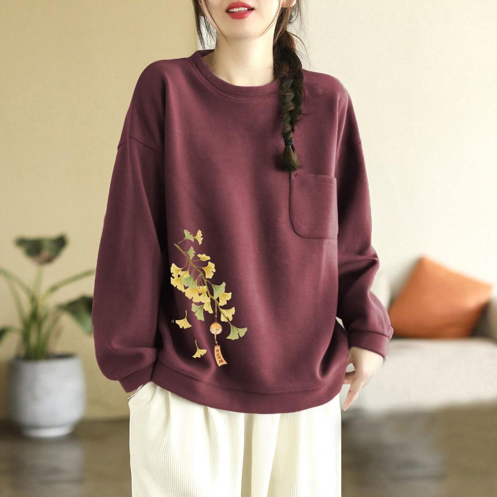 Pullover mit Tasche Sweatshirt Damen Herbst und Winter Neu Literarisch Westlicher Stil Vielseitiges Oberteil