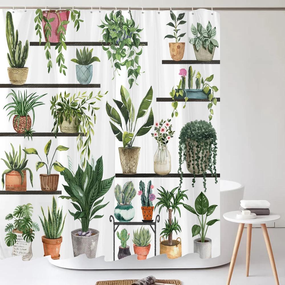 Tropical Plant Cactus Shower Curtain 180cm *180cm with Hooks, Floral Waterproof Shower Curtain, Shower Curtains for Bathroom