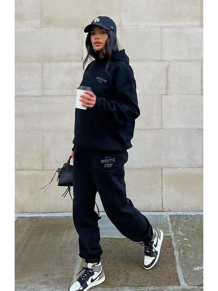 Conjunto de Sudadera con Capucha de Forro Polar para Mujer de Tendencia Americana y Pantalón de Chándal - Estilo Hip Hop Skateboard