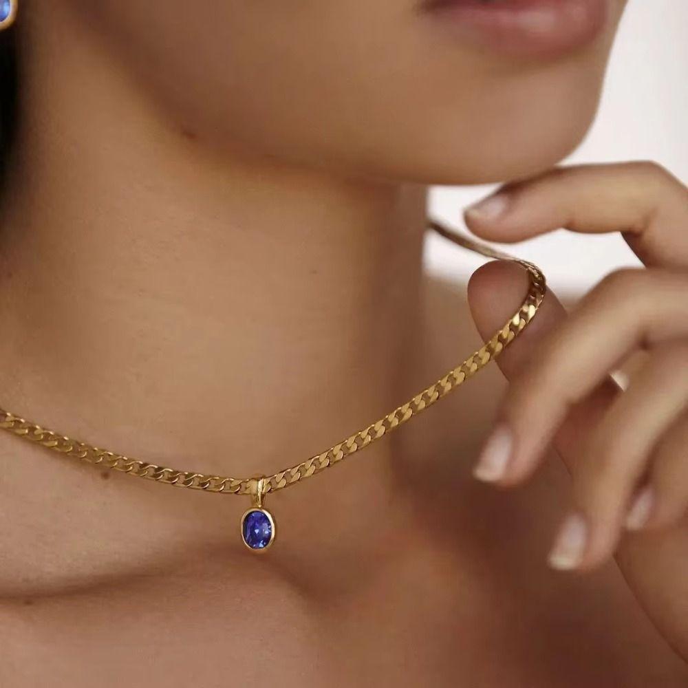 Multicolour Oval Crystal Necklace Stainless Steel Gemstone Necklace Party Jewelry