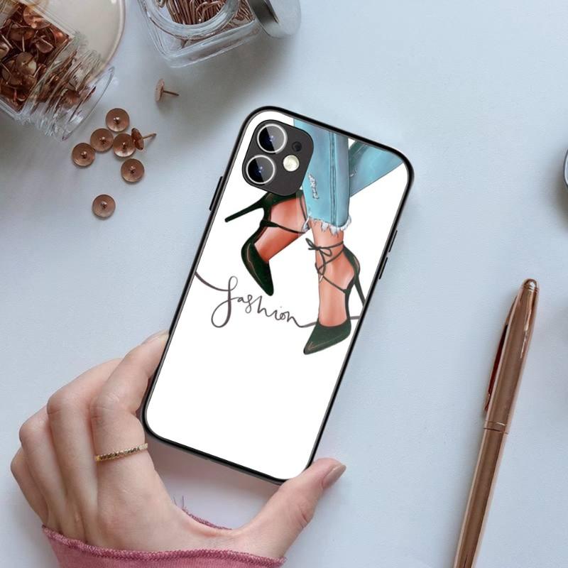 Fashion Girls High Heels Phone Case For IPhone 14 13 12 11 XS X 8 7 6 Plus Mini Pro Max SE 2022 Black PC TPU Glass Phone Cover
