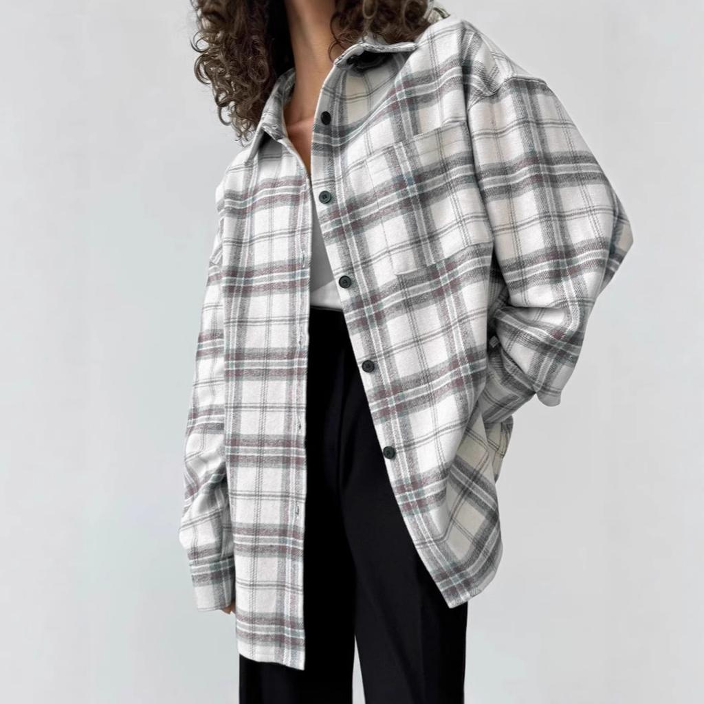 European and American lazy loose lapel plaid shirt women's 1116 autumn street casual outer long-sleeved shirt