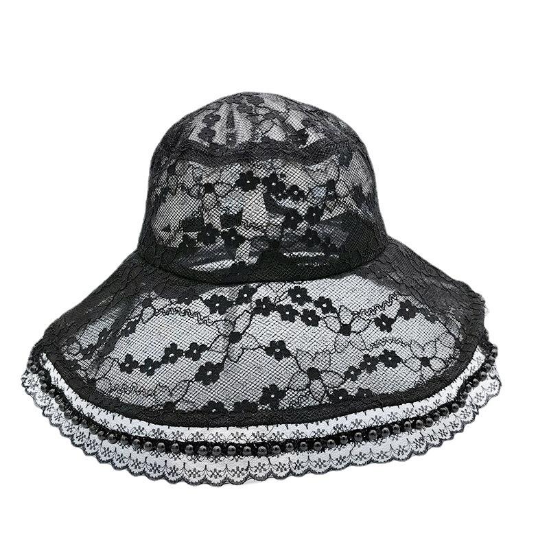 Hat Women's Summer Japanese Retro Lace Pearl Edge Big Edge Monochrome Dome Breathable Sun Hat Mesh Bucket Hat