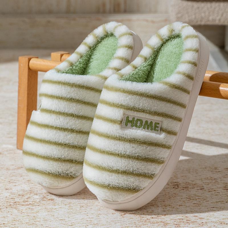 Plush cotton slippers women's autumn and winter home soft bottom non-slip plush warm couple striped plush slippers men's