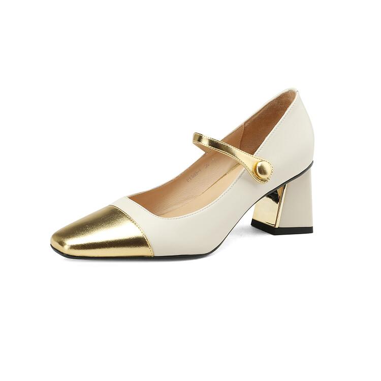 

Fashion Spring/Autumn Women Pumps Split Leather Shoes for Women Square Toe Chunky Heel High Heels Elegent Mixed Colors Mary Janes Shoes 34 бежевый